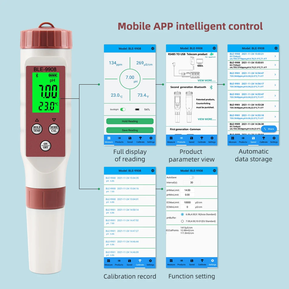 Yieryi New Bluetooth PH Meter PH/EC/TDS/TEMP Meter APP Intelligent Control Water Quality Tester ATC for Drinking Water Aquariums