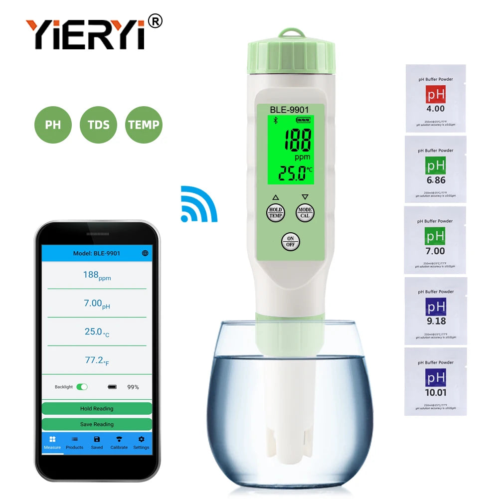 Yieryi New Bluetooth PH Meter PH/EC/TDS/TEMP Meter APP Intelligent Control Water Quality Tester ATC for Drinking Water Aquariums