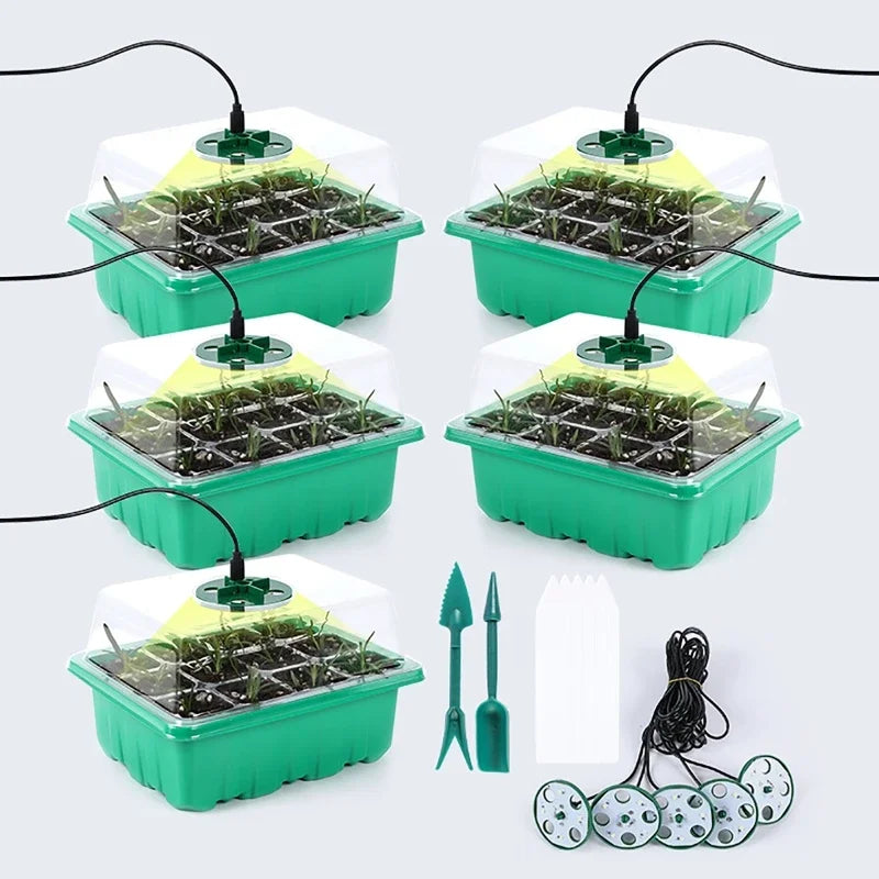 5 Pack Seedling Tray with Grow Light,Plant Seed Starter Trays Kit,Greenhouse Growing Trays with Holes 12 Cell Per Tray